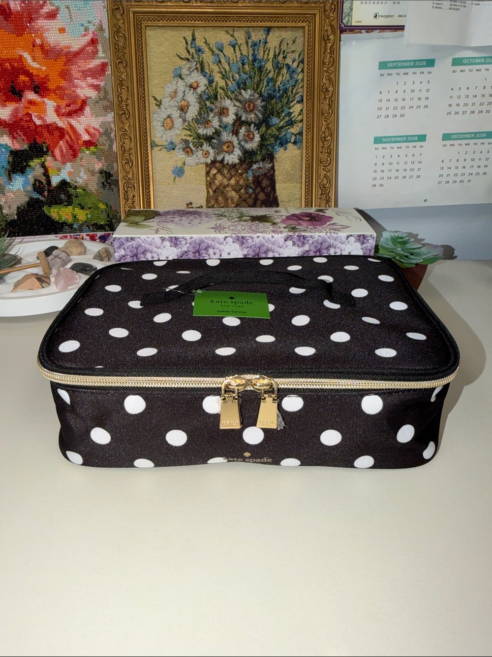 kate spade Black White Large Polka Dot Gold Tone Zipper Top Handle Lunch Carrier